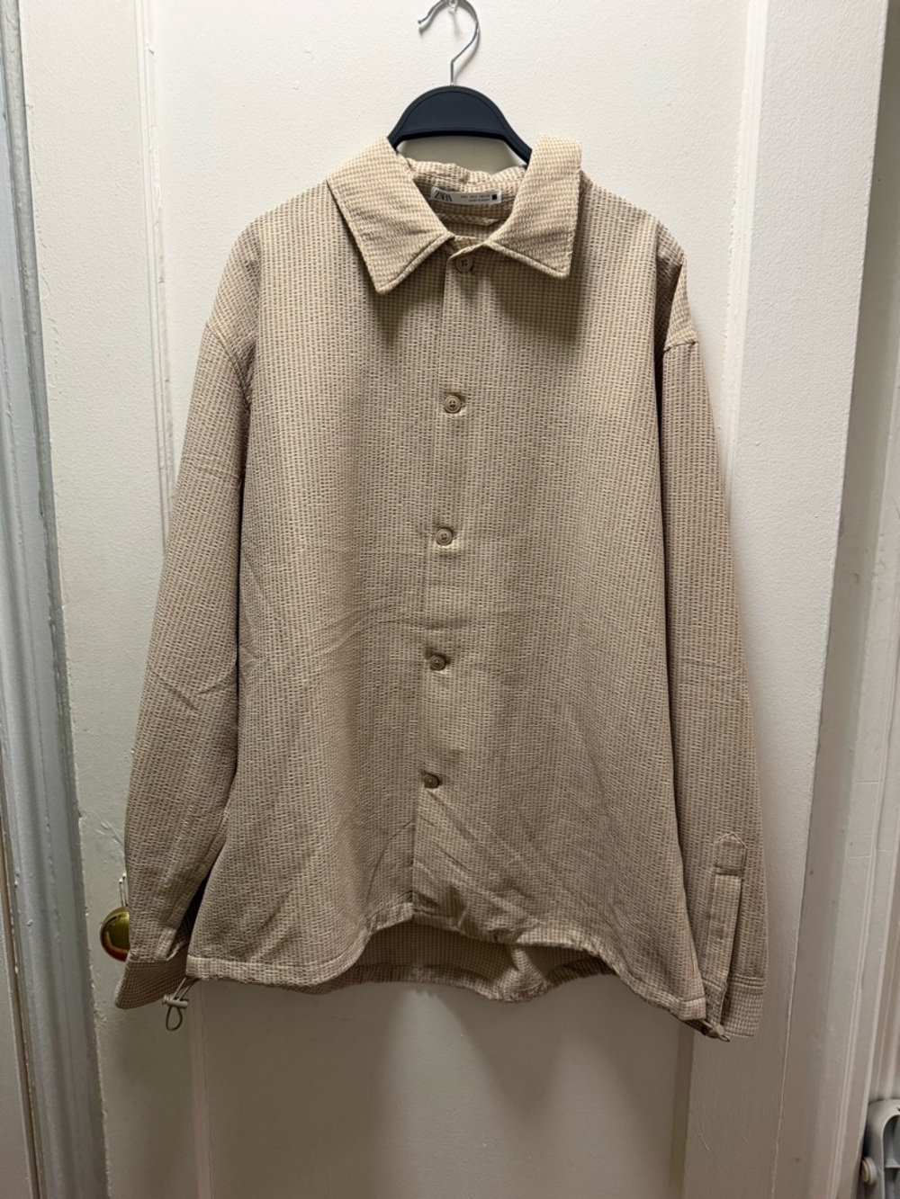 Zara Beige Waffle-Knit Casual Button-Down Shirt